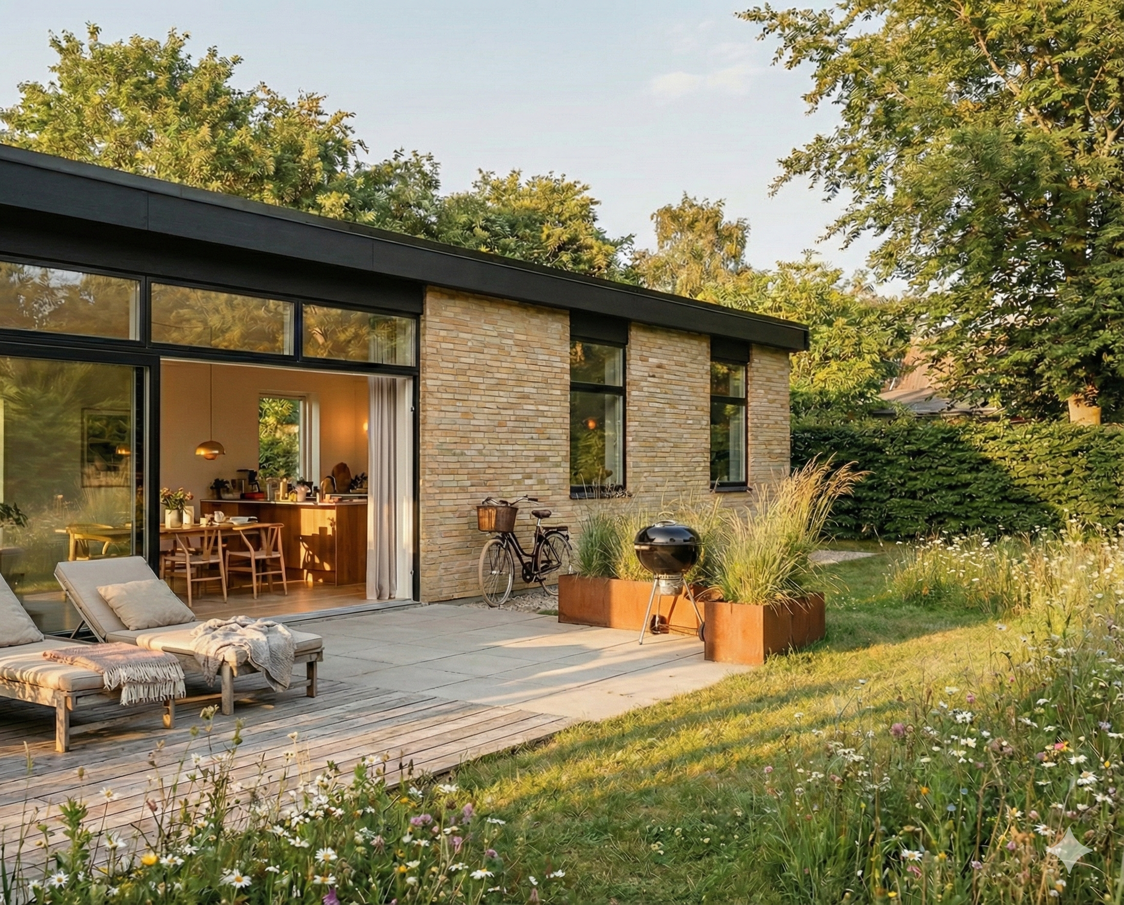 Nybygget hus med sol på terrassen og skydedøren på klem