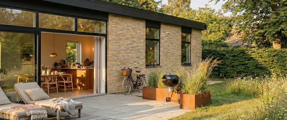 Nybygget hus med sol på terrassen og skydedøren på klem