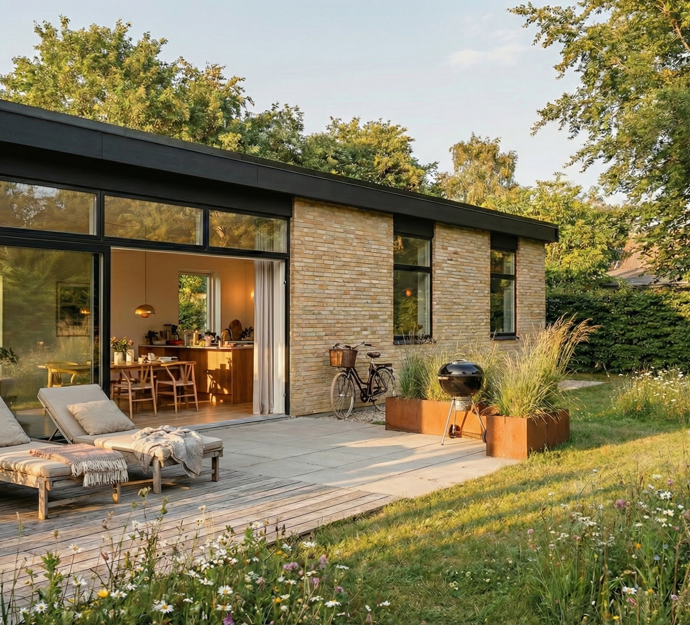 Nybygget hus med sol på terrassen og skydedøren på klem