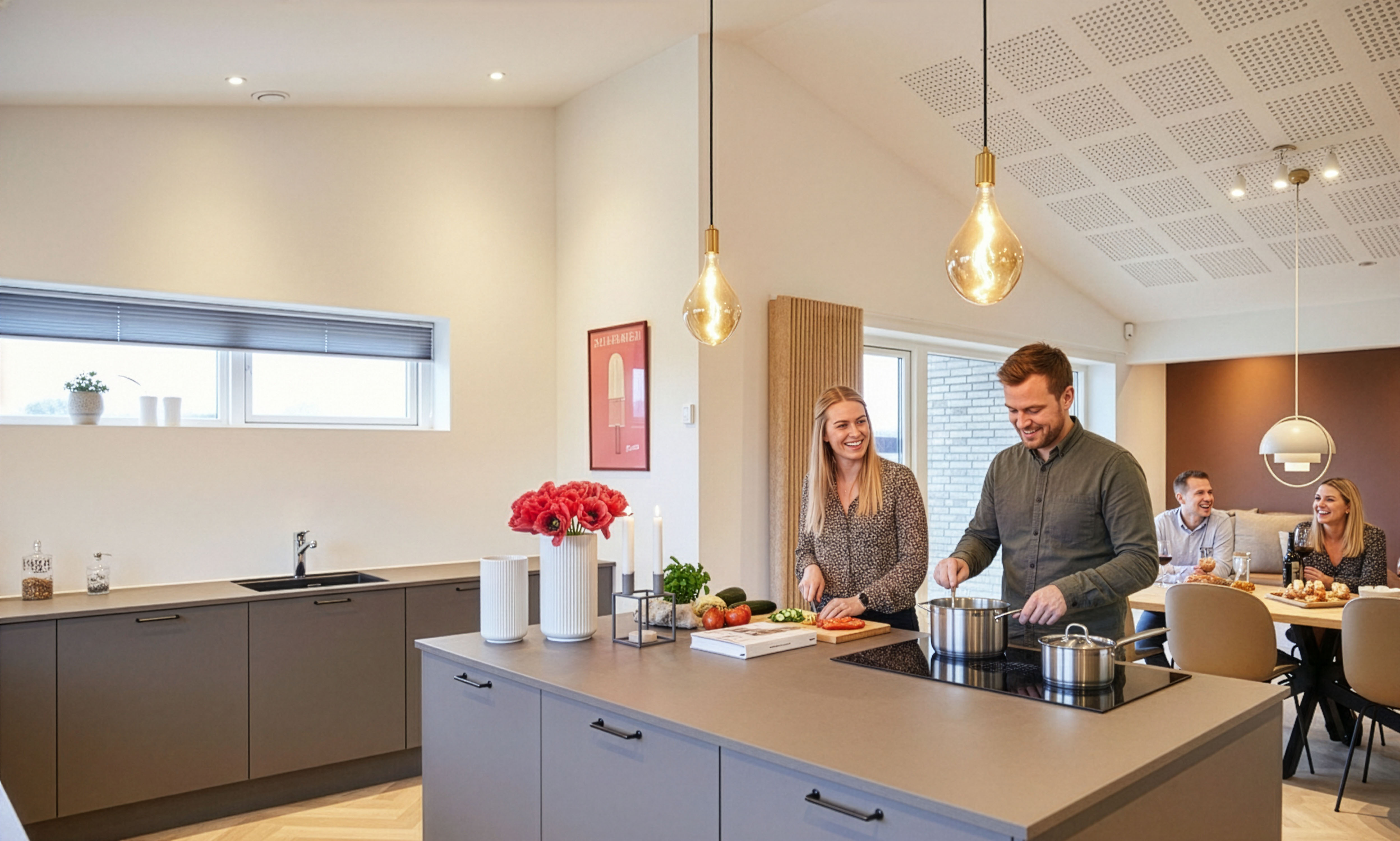 Ungt par står i deres køkken og laver mad til gæster